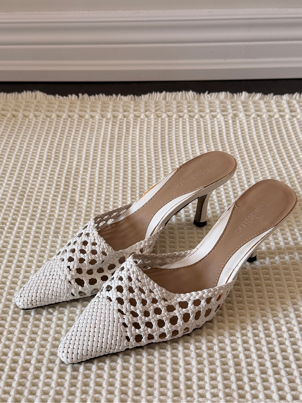 Madeline White Woven Pointed-Toe Kitten Heels